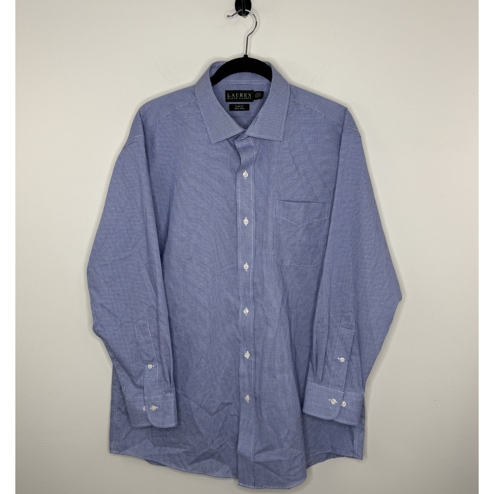 Lauren Ralph Lauren Men's Slim Fit Shirt Blue Gingham Check Non Iron Sz 17.5 EUC